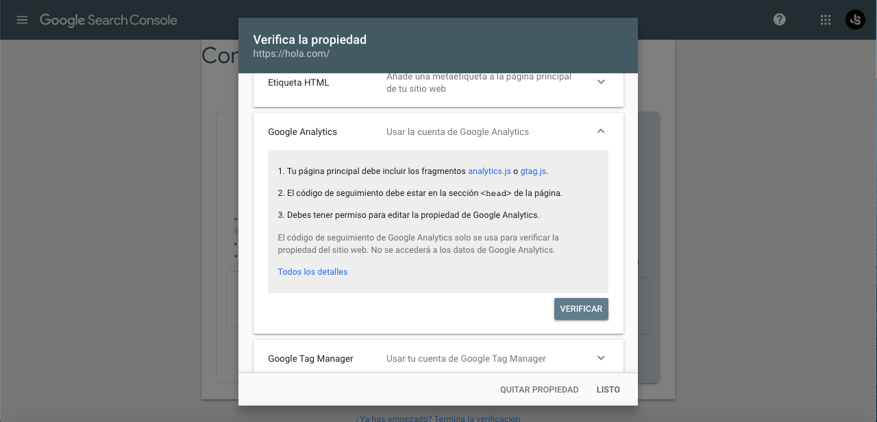 Verificar propiedad con Google Analytics