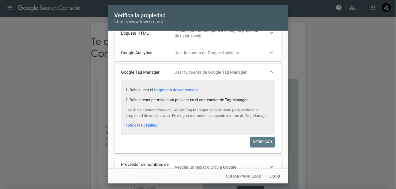 verificar la propiedad con Google Tag Manager